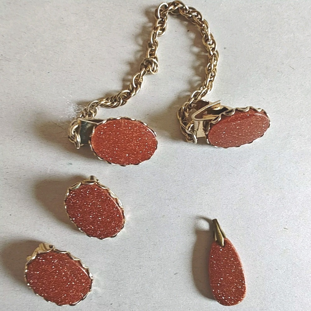 Victorian Goldstone Sweater Collar Clip Earrings Pendant Jewelry Set Shimmer